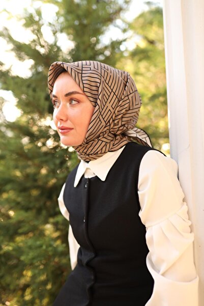 Silk Home Mink Black Line Geometric Pattern Tivil Silk Scarf