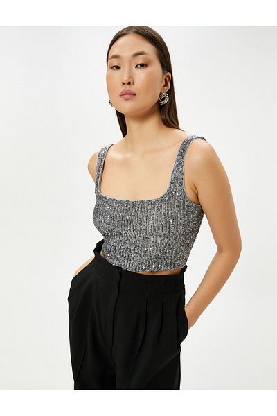 Koton Abendkleid Bustier Pailletten bestickt Crop Dicken Riemen Loose Fit