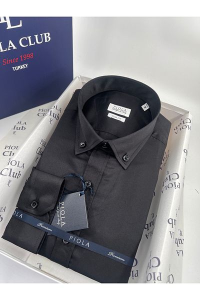 Piola Club Мъжка риза Slim Fit с яка с копчета и ниски гънки от сатен (черна)