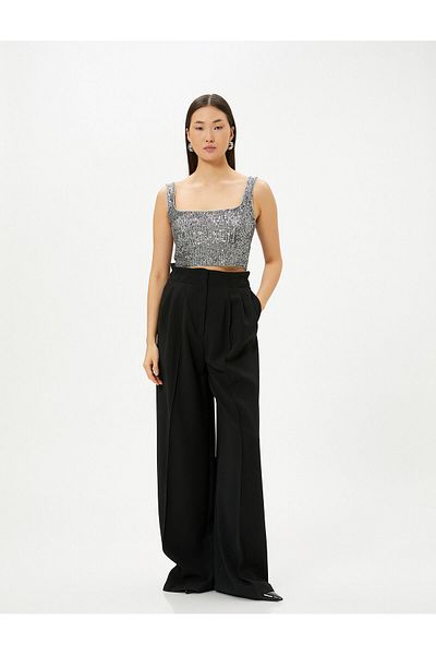 Koton Abendkleid Bustier Pailletten bestickt Crop Dicken Riemen Loose Fit
