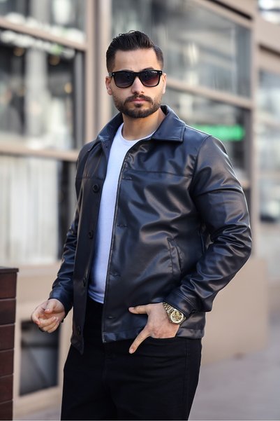 FAMODA Klasik Yaka Siyah Erkek Deri Ceket