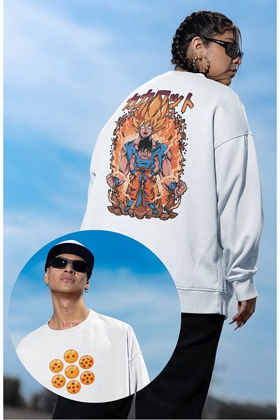 Fuddy Moda Unisex Son Goku Back Printed Hoodless Sweatshirt, Oversize Dragon Ball Anime Themed Sweatshirt