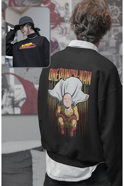 Fuddy Moda Unisex Saitama One-Punch Man Back Printed Hoodless Sweatshirt, Oversize Anime Themed Sweatshirt