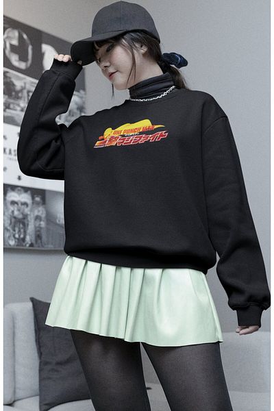 Fuddy Moda Unisex Saitama One-Punch Man Back Printed Hoodless Sweatshirt, Oversize Anime Themed Sweatshirt