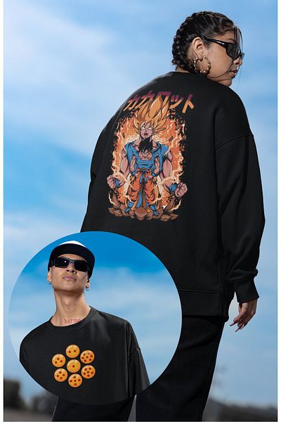 Fuddy Moda Unisex Son Goku Back Printed Hoodless Sweatshirt, Oversize Dragon Ball Anime Themed Sweatshirt