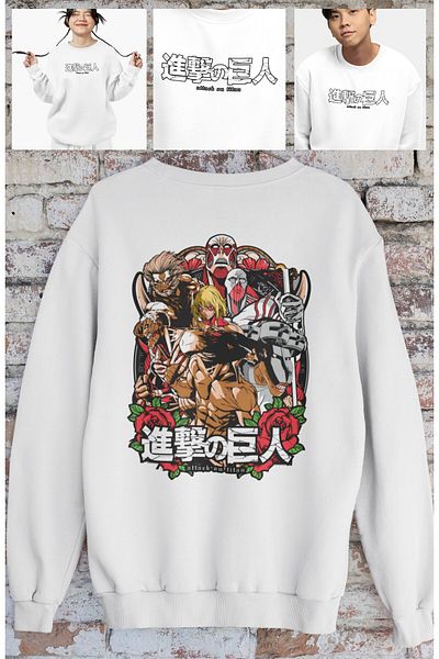 Fuddy Moda Unisex Oversize Aot Characters Back Printed Crew Neck Hoodless Anime Sweatshirt