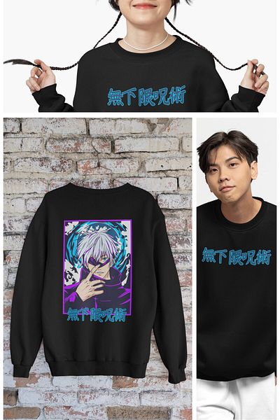 Fuddy Moda Unisex Oversize Jujutsu Kaisen Gojo Back Printed Crew Neck Hoodless Anime Sweatshirt