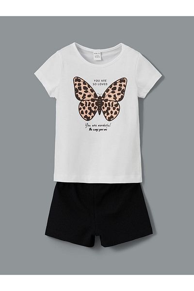 LC Waikiki New Season Crew Neck Printed Girl's T-Shirt and Shorts Set of 2
