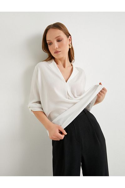 Koton V-Ausschnitt Bluse mit umgeschlagenen Ärmeln Regular Fit