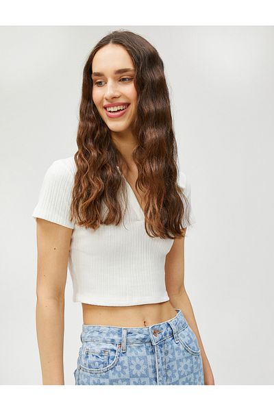 Koton Crop Tričko Polo s krátkým rukávem s texturou