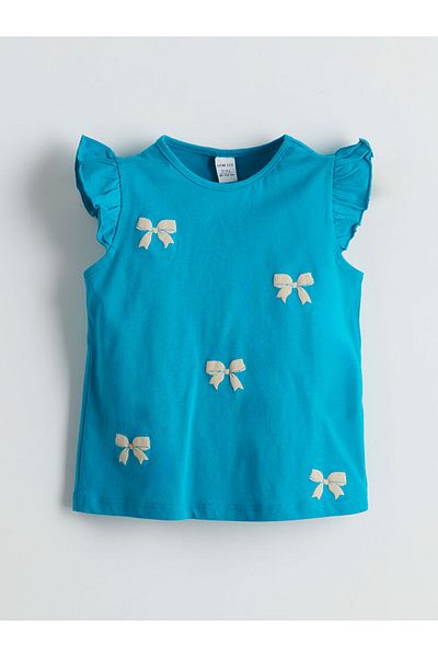 LC Waikiki Κοριτσίστικο μπλουζάκι LCW ECO Turquoise Crew Neck με λεπτομέρεια κορδέλας