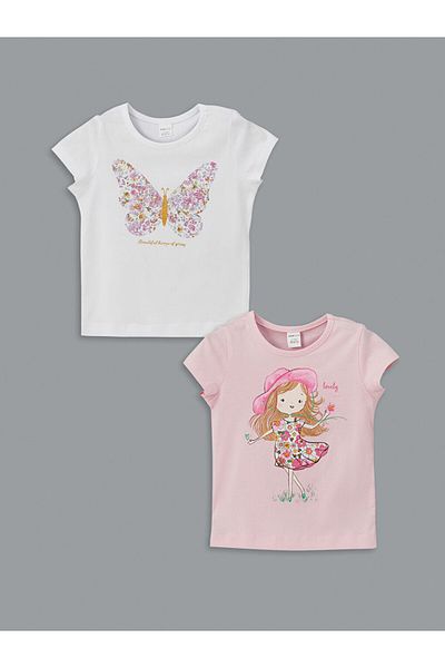 LC Waikiki New Season Crew Neck Printed Girls Tisort 2 τεμαχίων - S5KH93Z1