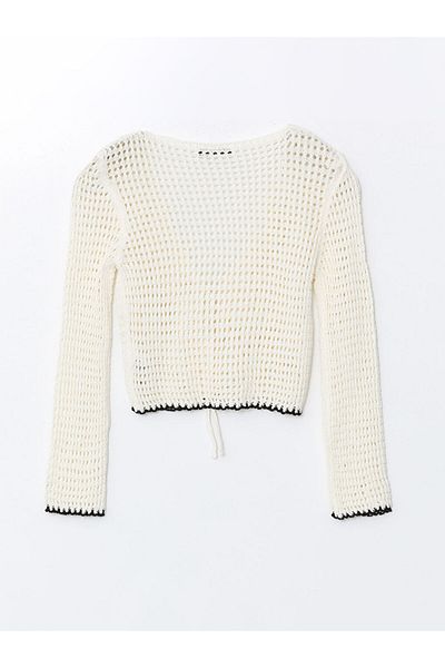 LC Waikiki Xside Ecru V-Neck Openwork Women's Knitwear Cardigan