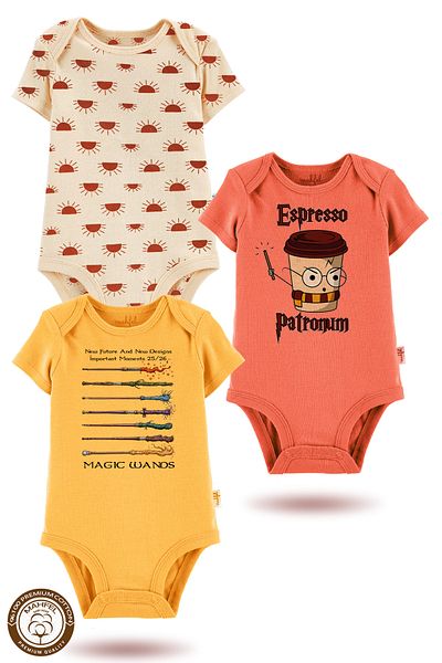 MAHFEL 100% Cotton 3-Piece Organic Printed Snap Fastener Baby Bodysuit