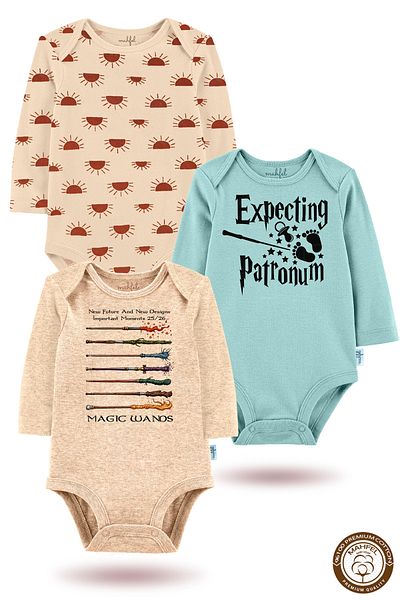 MAHFEL 100% Cotton 3-Piece Organic Printed Snap Fastener Baby Bodysuit