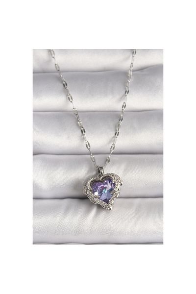 Toptan Bulurum 316L Silver Color Zircon Stone Purple Heart Model Women's Necklace