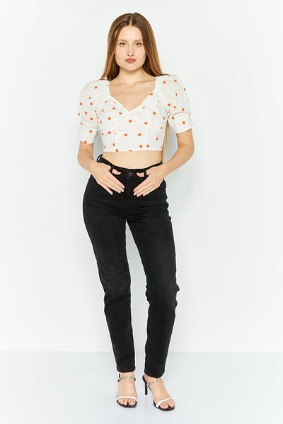 Skylar Rose Women Queen Anne Neckline Puff Sleeve Polka Dots Top, White