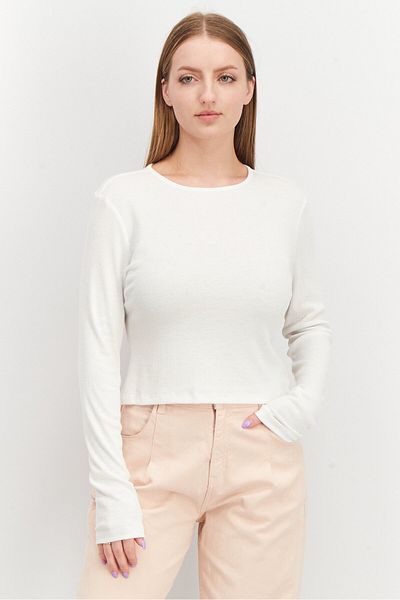 NA-KD Women Round Neck Long Sleeve Textured Top, White