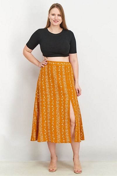 BCBG Women Pull On Allover Printed Midi Skirt, Orange Combo