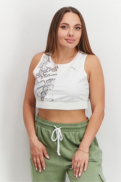 Puma Women Round Neck Sleeveless Metallic Printed Cropped Top, White