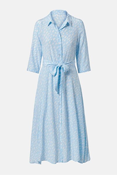 Tchibo Women Allover Print 3/4 Sleeve Pointed Neckline Shirt Dress, Light Blue