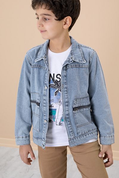 Cansın Mini Blue Zipper Pocket Jean Jacket Boy's Trousers 3 Piece Suit 20019
