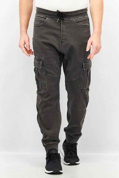 CELIO Men Regular Fit Washed Drawstring Denim Cargo Pants, Charcoal