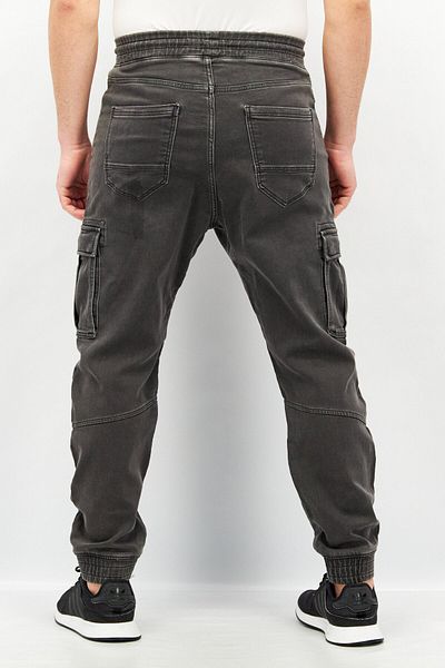 CELIO Men Regular Fit Washed Drawstring Denim Cargo Pants, Charcoal