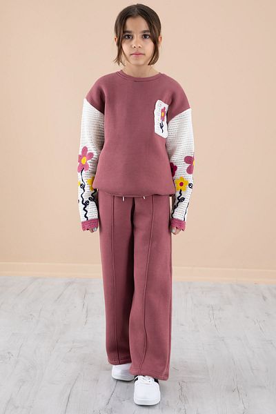 Cansın Mini Rose Dried Flower Embroidered Braided Sleeve Girls' Raised Tracksuit Set 20253