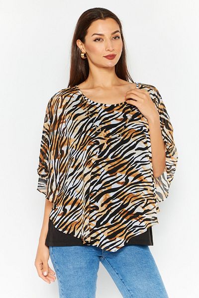 Alfred Dunner Women Boat Neck Cape Sleeve Zebra Print Top, Black Combo