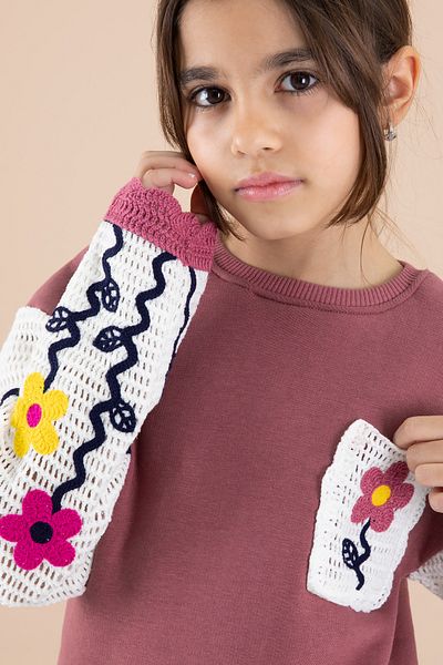 Cansın Mini Rose Dried Flower Embroidered Braided Sleeve Girls' Raised Tracksuit Set 20253