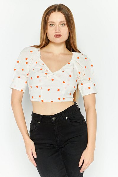Skylar Rose Women Queen Anne Neckline Puff Sleeve Polka Dots Top, White