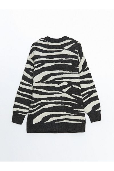 LC Waikiki Lcwaikiki Classic Black V-Neck Zebra Print Women's Knitwear Cardigan