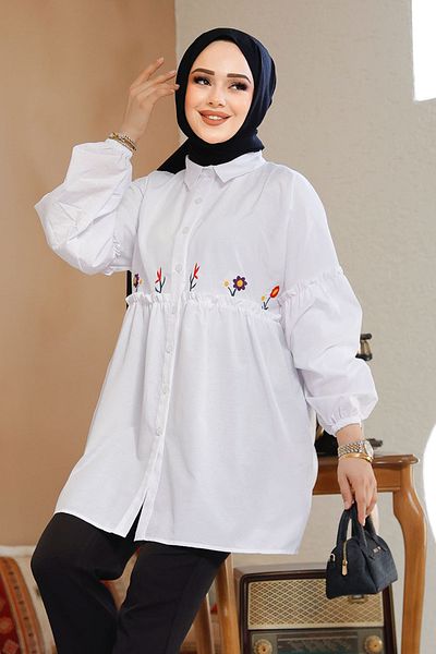 Neva Style Tunica albă hijab cu model de broderie 40603B