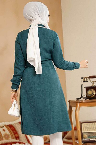 Neva Style تونيك حجاب بأزرار باللون الأخضر الزمردي - 10177ZY