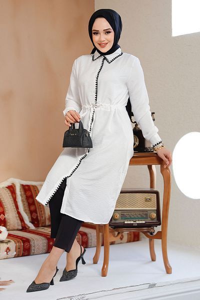 Neva Style Tunica albă hijab cu nasturi 10177B