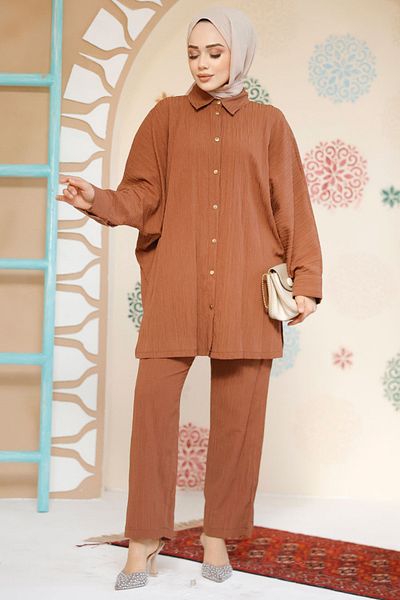Neva Style طقم حجاب مزدوج مطوي باللون البني - 2817KH