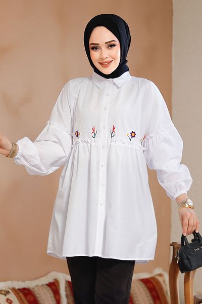 Neva Style Tunica albă hijab cu model de broderie 40603B