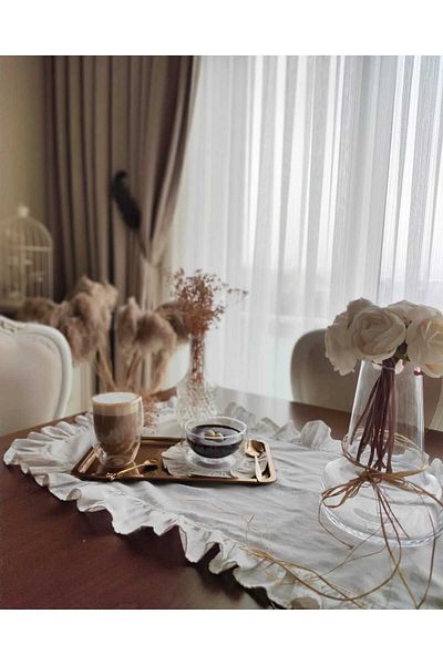 NURGİTA HOME Natural Ruffled Raw Linen Runner Vintage 40X80