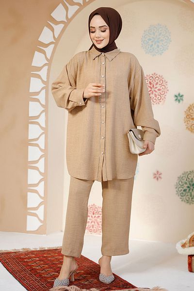 Neva Style Hijab Biscuit Buttoned Double Set - 28141Bs