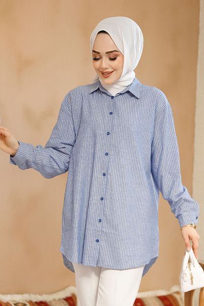 Neva Style Cămașă Hijab Albastră în dungi 52292m