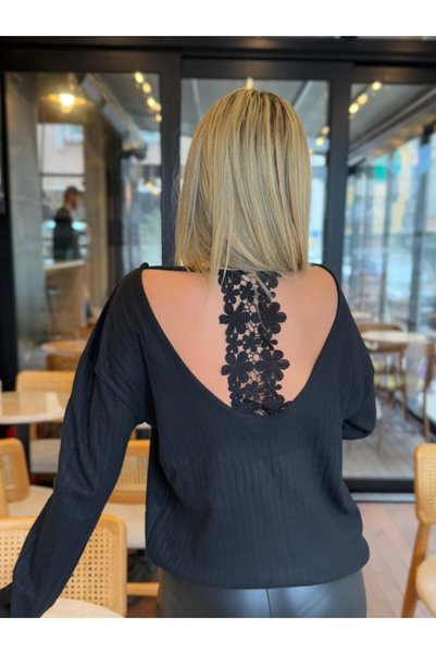bysocafashion بلوزة نسائية سوداء بأكمام طويلة وياقة على شكل حرف V وتفاصيل دانتيل على الظهر وتفاصيل من القماش المضلع السميك
