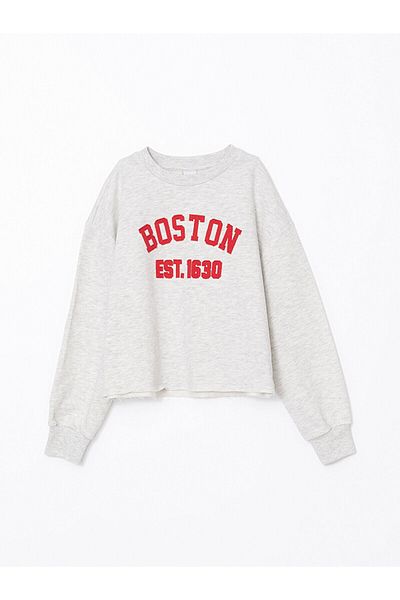 LC Waikiki Girl - Crew Neck, Boston Printed Crop Sweatshirt