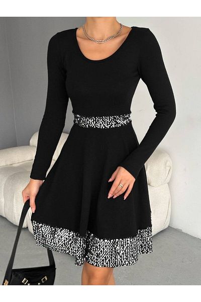 İpeksi Silky Women's Crew Neck Waist and Skirt Sequin Detail Opportunity Product Above Knee Dress