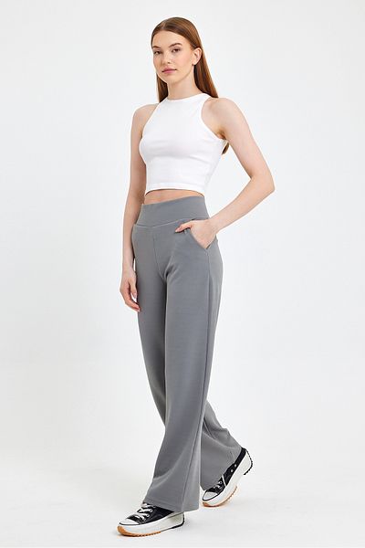 Club Floral Fashıon Gray Corsage Belt Loose Cut Crepe Trousers