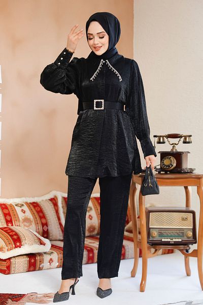 Neva Style Costum dublu cu mânecă cu balon negru 2846S