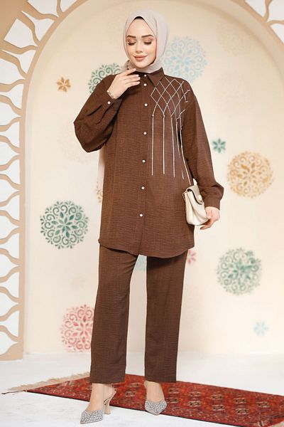 Neva Style طقم حجاب بني مزين بالخرز 28131KH