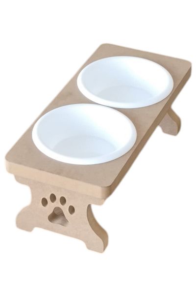 TİNEKE White Wooden Disassembled Cat Food and Water Bowl with 2 Plastic Rhinestones