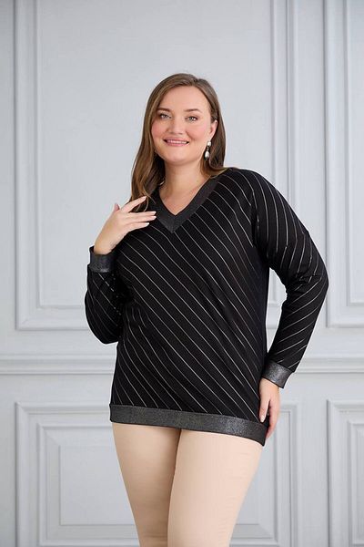 wearon tekstil Women's Large Size V-Neck Silvery Line Pattern Bluz