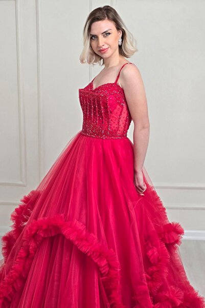 Yonca Moda Evi Kırmızı Kristal İşlemeli Kına Giriş 7942